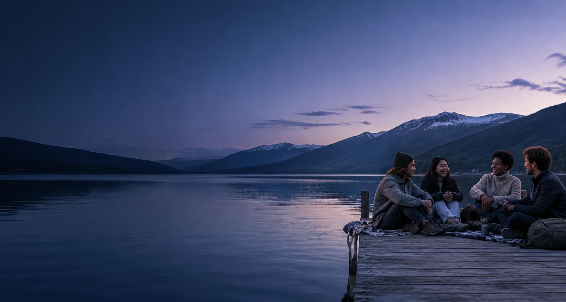 Friends spending an evening together beside a mountain lake
